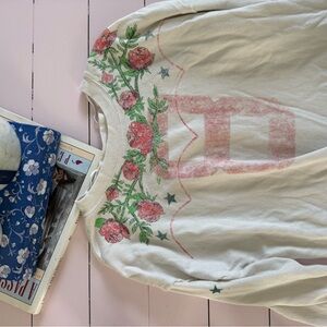 We The Free Red and White Long Sleeve Tee with Floral Embroidery